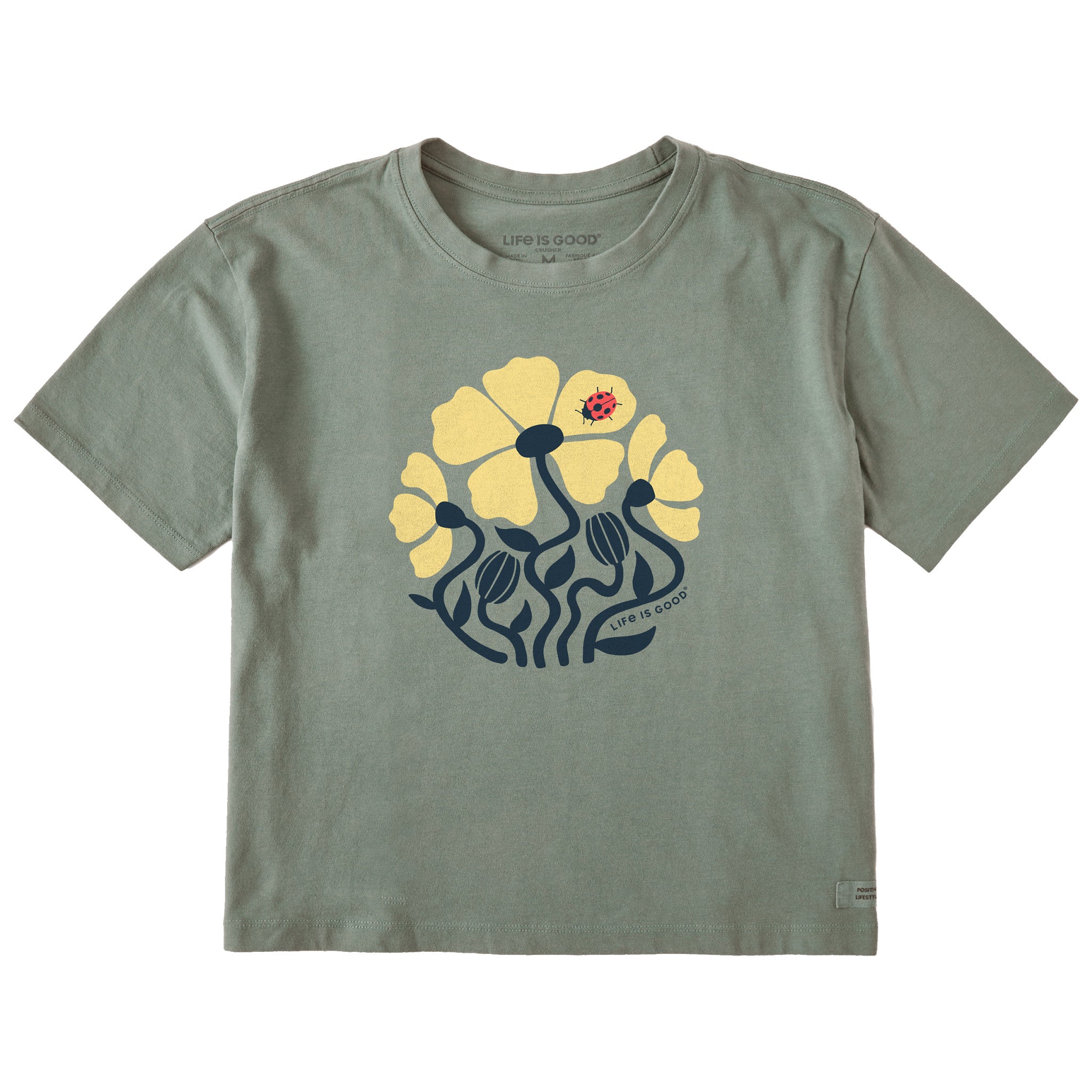Women's Ladybug Flowers Short Sleeve Crusher Boxy Tee