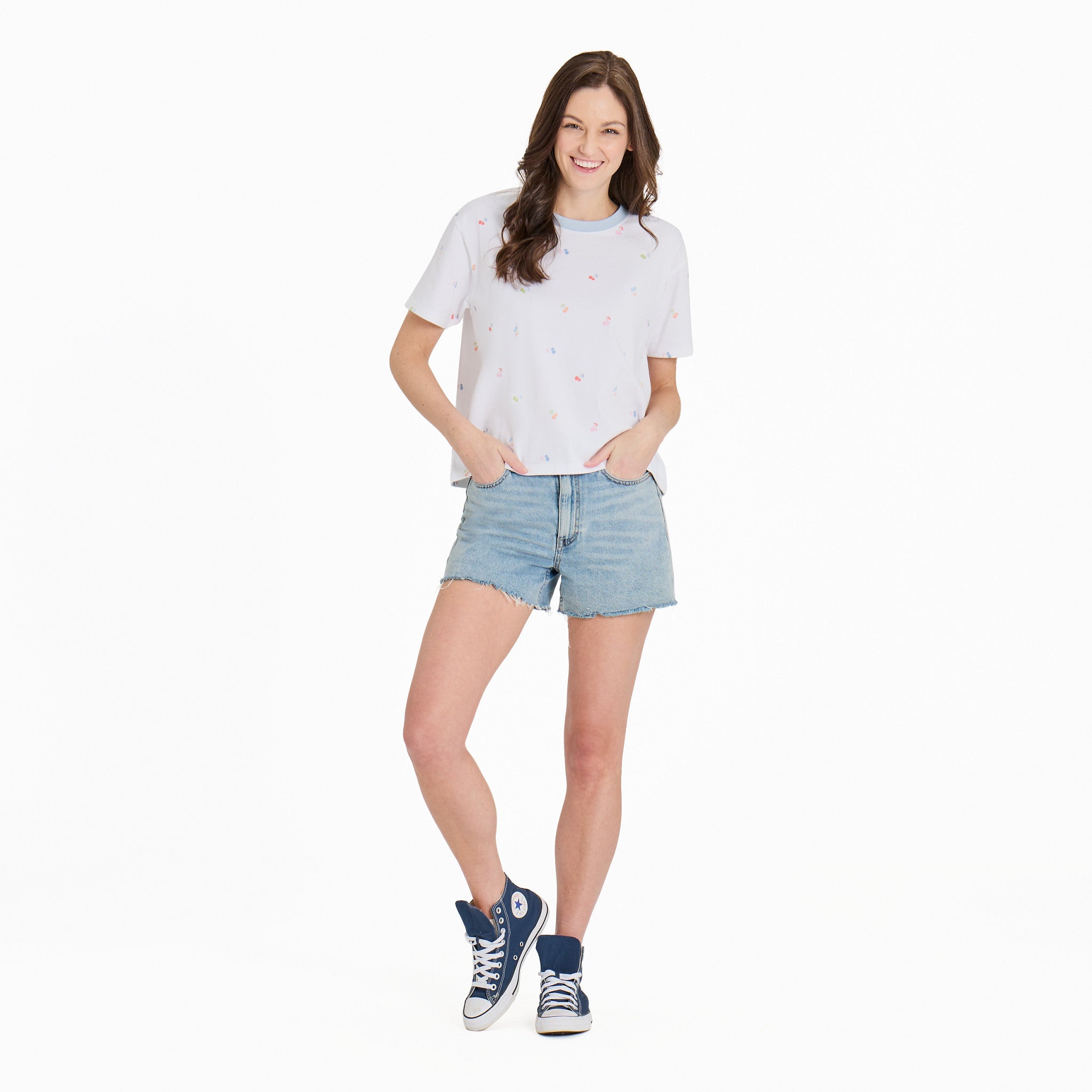 Women's Cherry Pattern Short Sleeve Crusher Boxy Tee