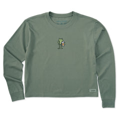 Women's Frog with Beer Long Sleeve Crusher Boxy Tee