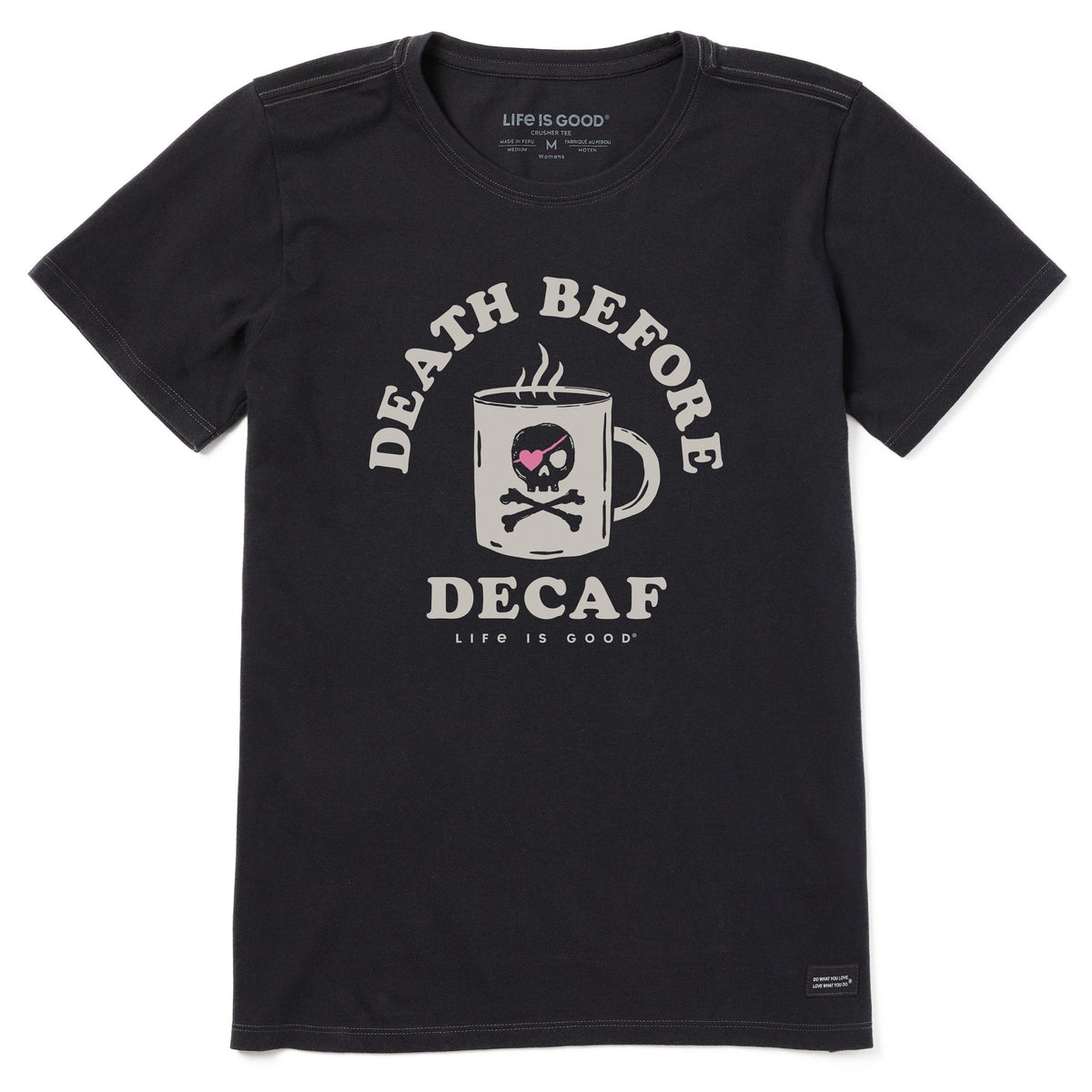 Women's Death Before Decaf Jolly Roger Short Sleeve Crusher Tee