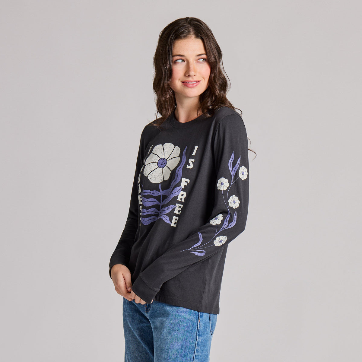 Women's Kindness is Free Woodblock Flower Long Sleeve Crusher Tee