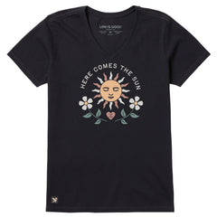 Women's Here Comes the Sun Heart Flowers Short Sleeve Crusher Vee