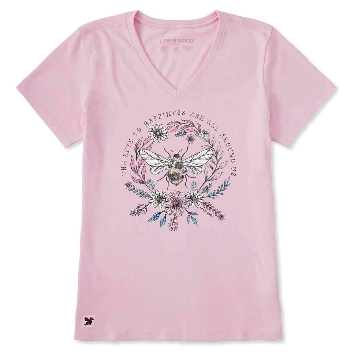 Women's Keys to Happiness All Around Us Bee Short Sleeve Crusher Vee