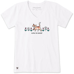 Women's Al The Cat Flowers Short Sleeve Crusher-LITE Vee