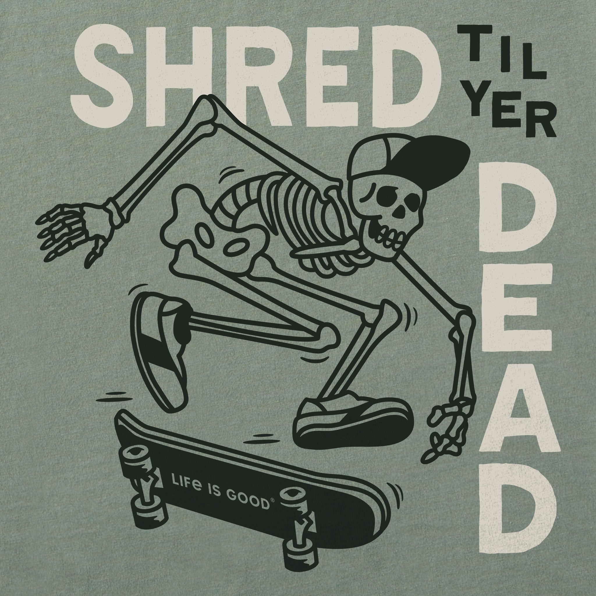 Men's Shred til yer Dead Skateboard Skeleton Short Sleeve Crusher Tee