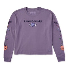 Women's I Want Candy Long Sleeve Crusher Boxy Tee