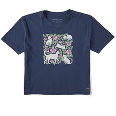 Women's Cats Among Flowers Short Sleeve Crusher Boxy Tee