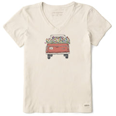 Women's Flower Love Truck Short Sleeve Crusher Vee