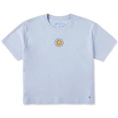 Women's Embroidered Smile Daisy Short Sleeve Crusher Boxy Tee