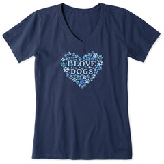 Women's I Love Dogs Paw Prints Short Sleeve Vee