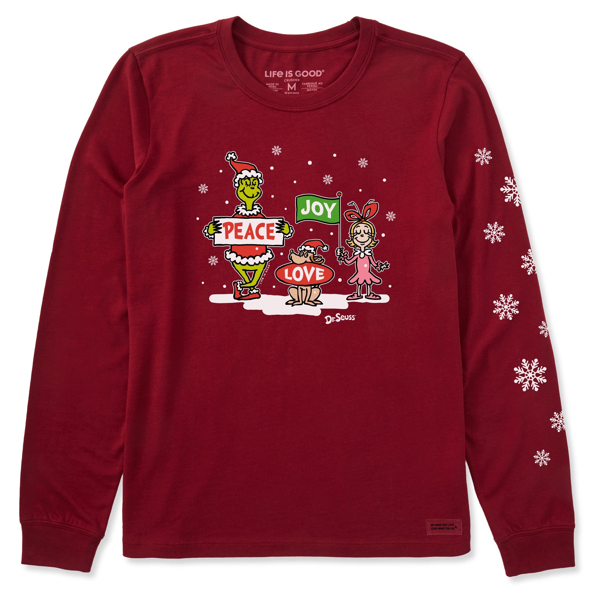 Women's Grinch Peace Love Joy Snow Long Sleeve Crusher Tee