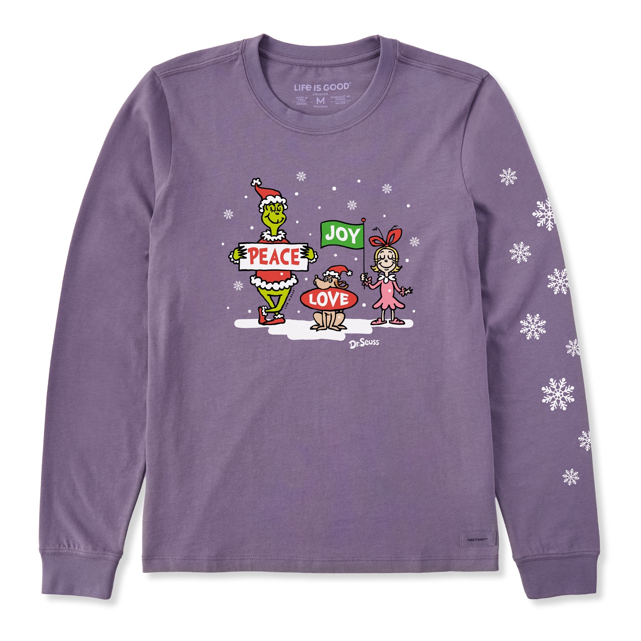 Women's Grinch Peace Love Joy Snow Long Sleeve Crusher Tee