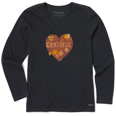Women's Grateful Heart Doodle Watercolor Long Sleeve Crusher Vee
