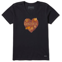 Women's Grateful Heart Doodle Watercolor Short Sleeve Crusher Vee