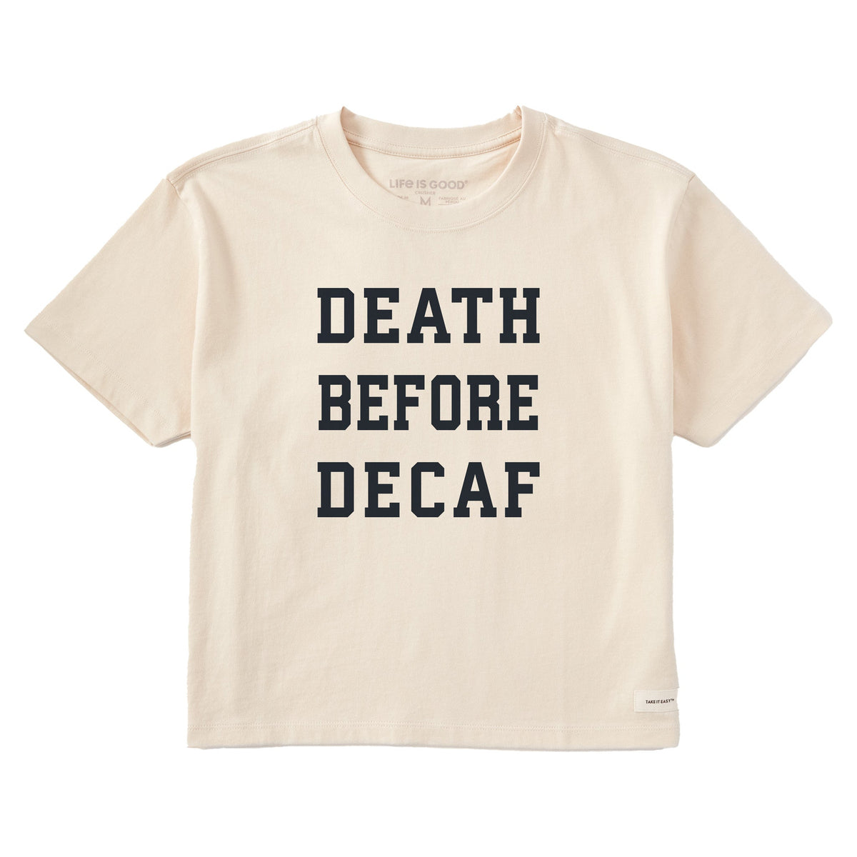 Women's Death Before Decaf Arch Short Sleeve Crusher Boxy Tee
