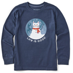 Kids Snowman Cat Long Sleeve Crusher Tee