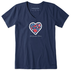 Women's American Floral Heart Short Sleeve Crusher Vee