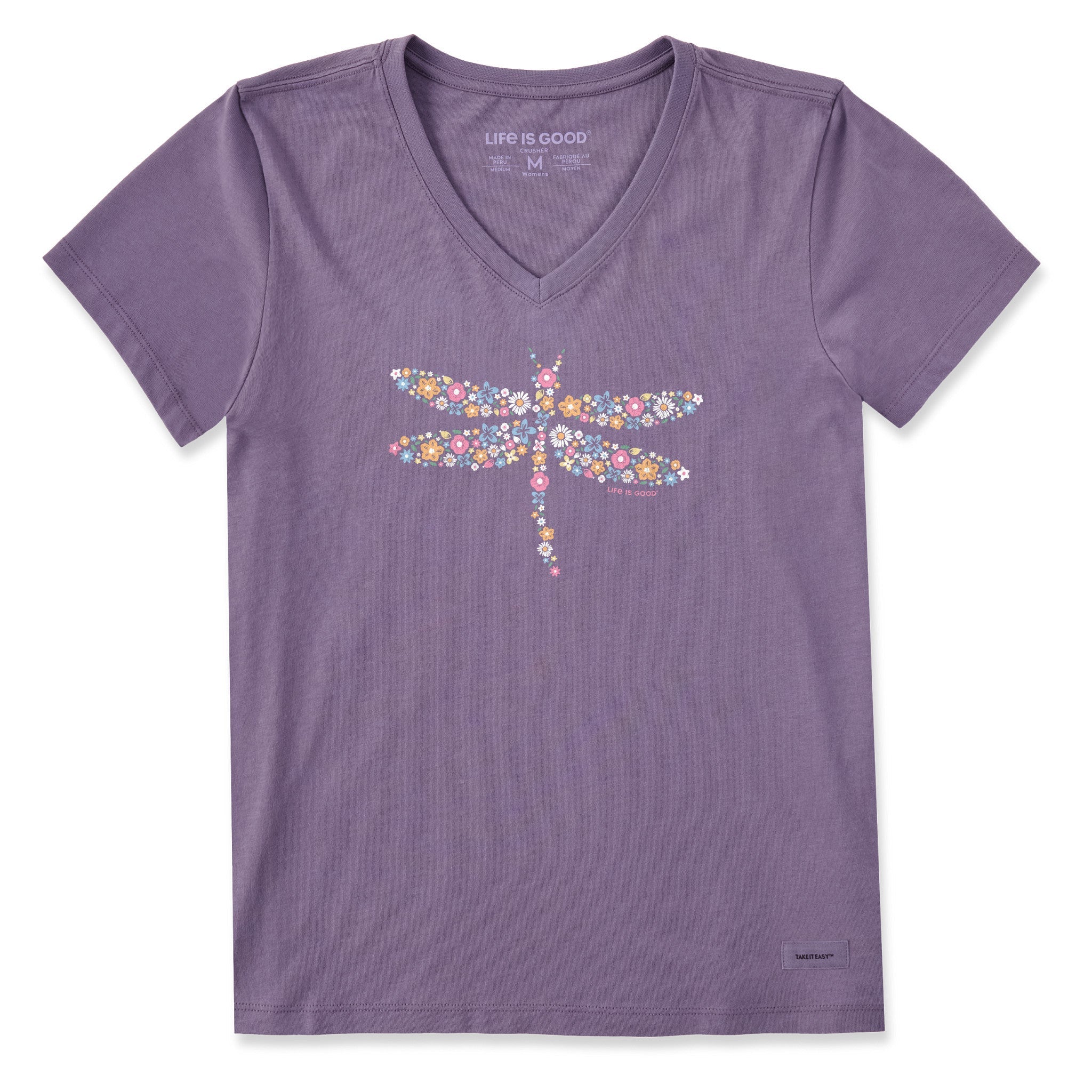 Women's Dragonfly Flowers Short Sleeve Vee
