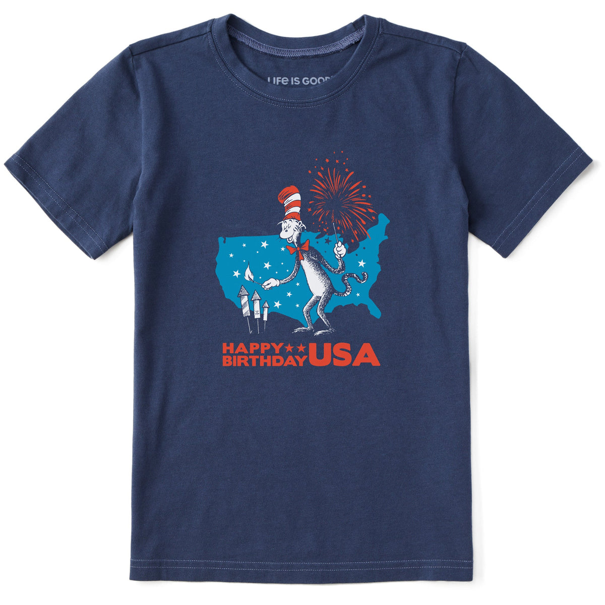 Kids Happy Birthday USA Cat in the Hat Short Sleeve Crusher Tee