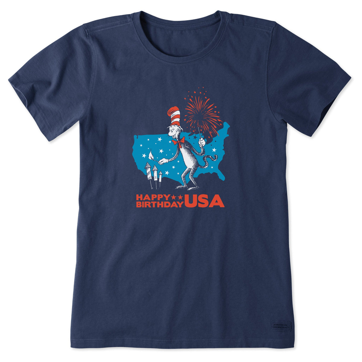 Women's Happy Birthday USA Cat in the Hat Short Sleeve Crusher Tee