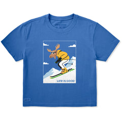 Women's Downhill Ski Moose Short Sleeve Crusher Boxy Tee