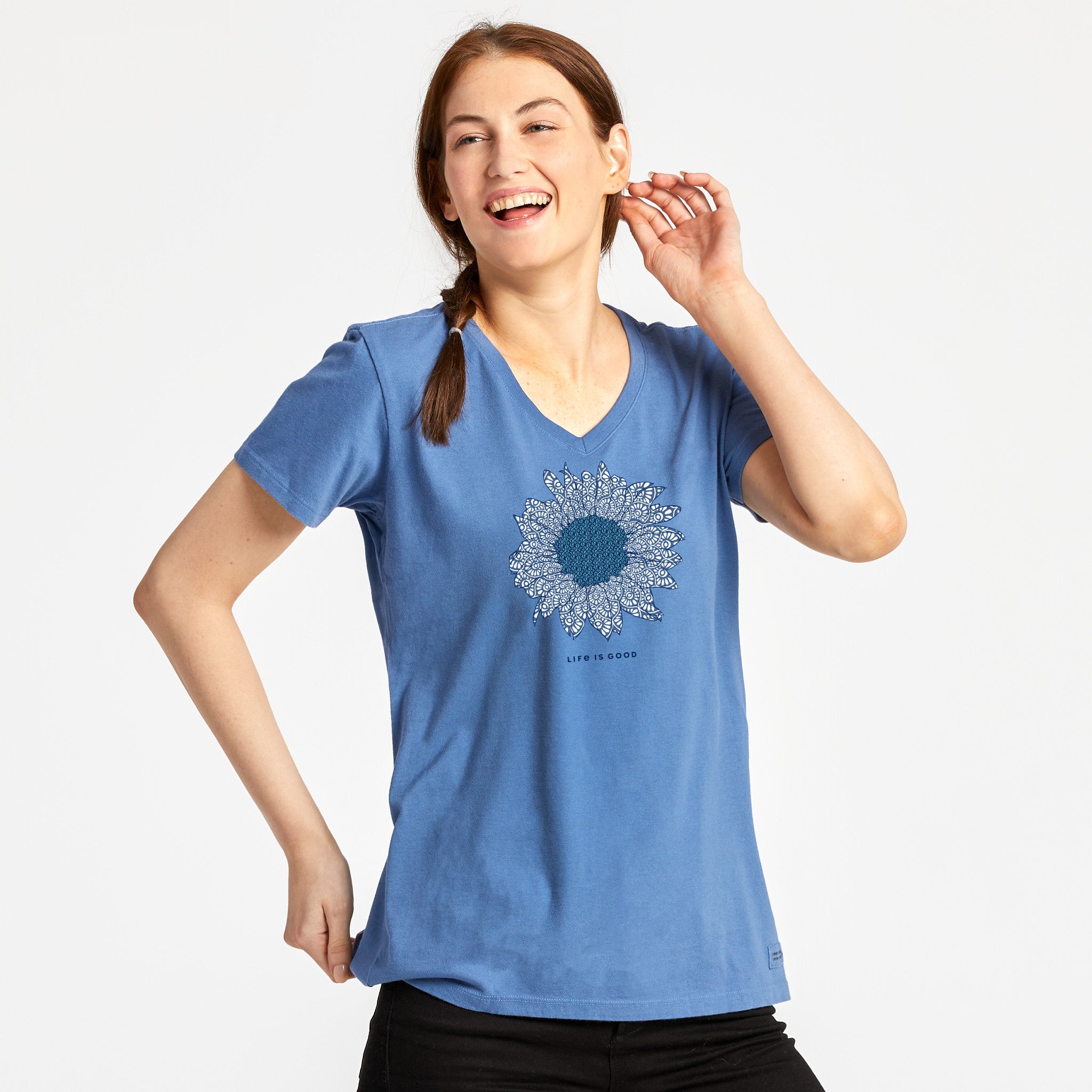 Women's French Sunflower Short Sleeve Crusher Vee