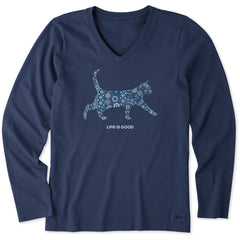 Women's Cat Mosaic Long Sleeve Crusher Vee