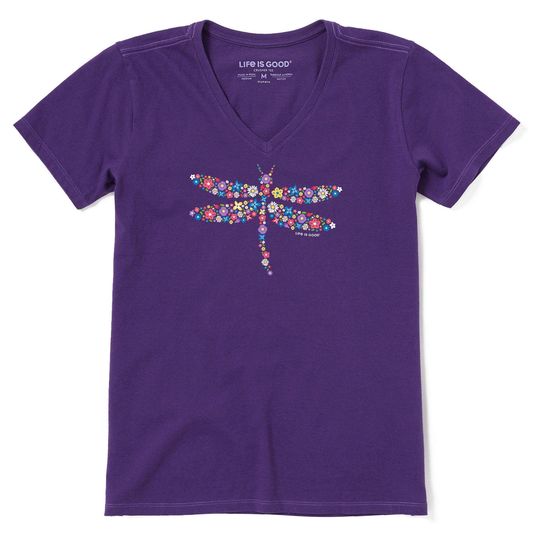 Women's Dragonfly Flowers Short Sleeve Vee