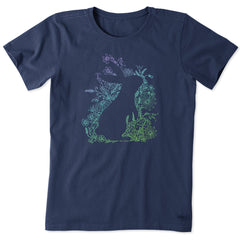 Women's Flower Bunny Silhouette Short Sleeve Crusher Tee