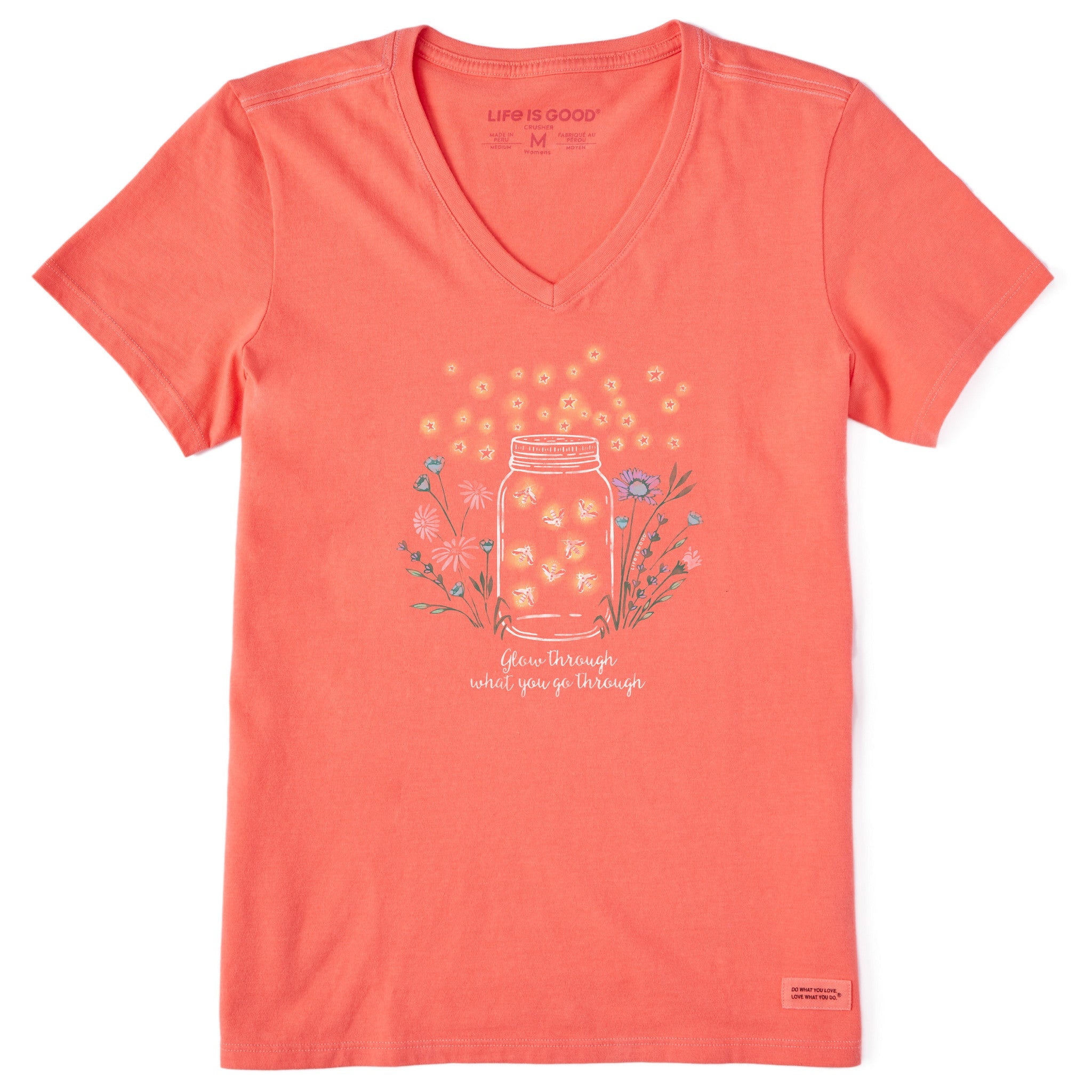 Women's Fireflies Flowers Jar Short Sleeve Vee