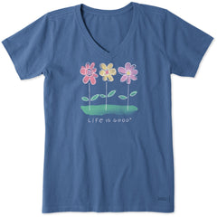 Women's 3 Happy Flowers Short Sleeve Crusher Vee